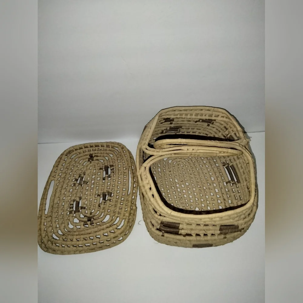 Multi Purpose Hand Woven Double Handle Yucca Basket with Top Cover